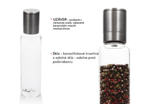 sklenený mlynček na čierne korenie